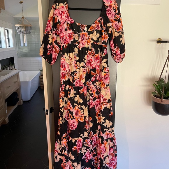 Anthropologie Blossom Maxi Dress Black Pink Floral Puff Sleeves size medium - Picture 2 of 4